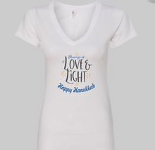 Load image into Gallery viewer, Blessings of Love &amp; Light - Happy Hanukkah T-shirt, Women&#39;s cut, V-neck
